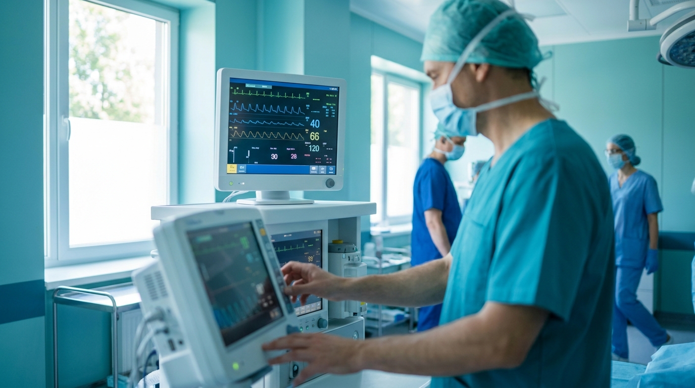 Anesthesiologist working at an anesthesia workstation in a modern operating room