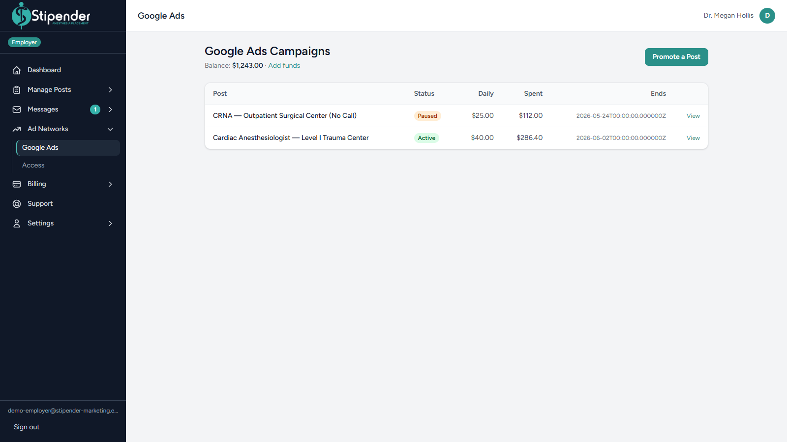 Stipender Google Ads campaigns list showing active and paused anesthesia job campaigns