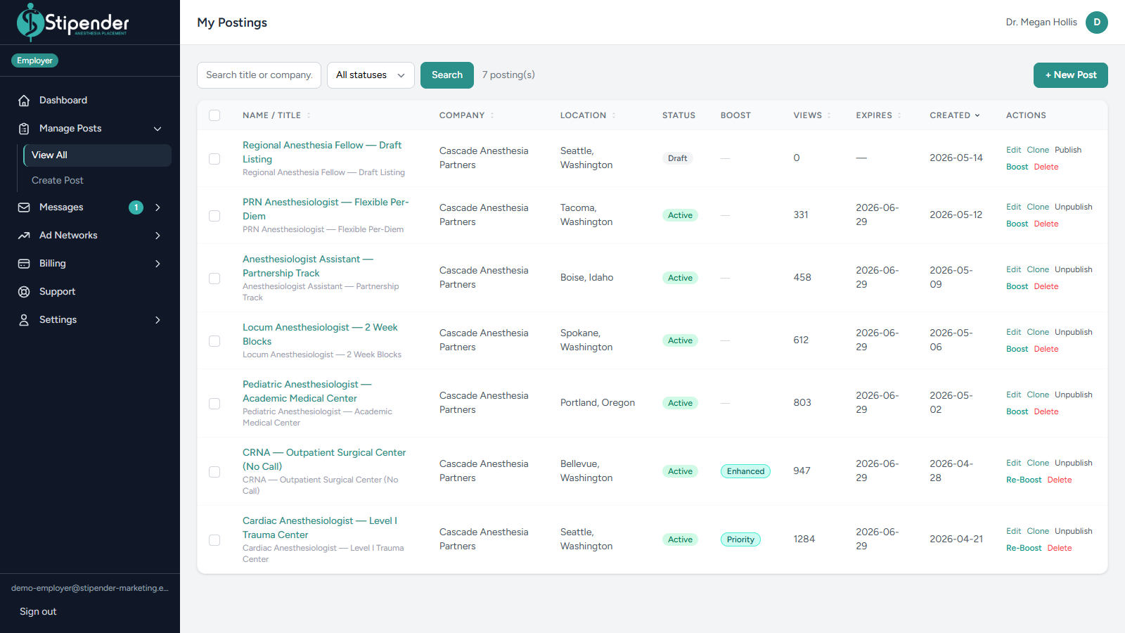 Stipender postings table showing seven anesthesia job listings with status and boost badges