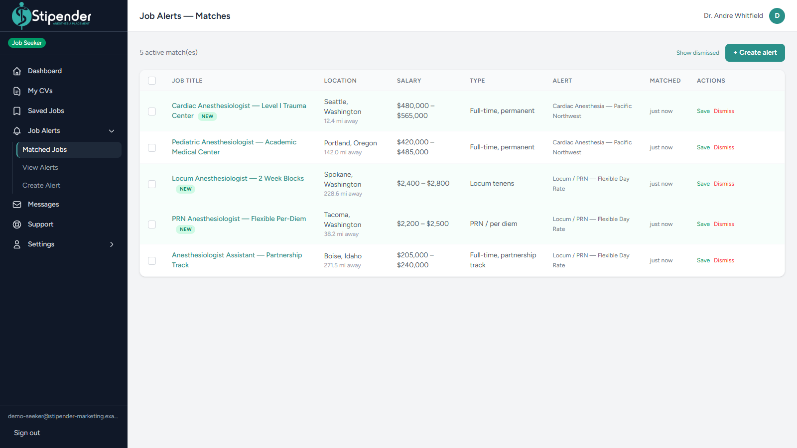 Stipender alert matches feed showing anesthesia jobs with salary and distance