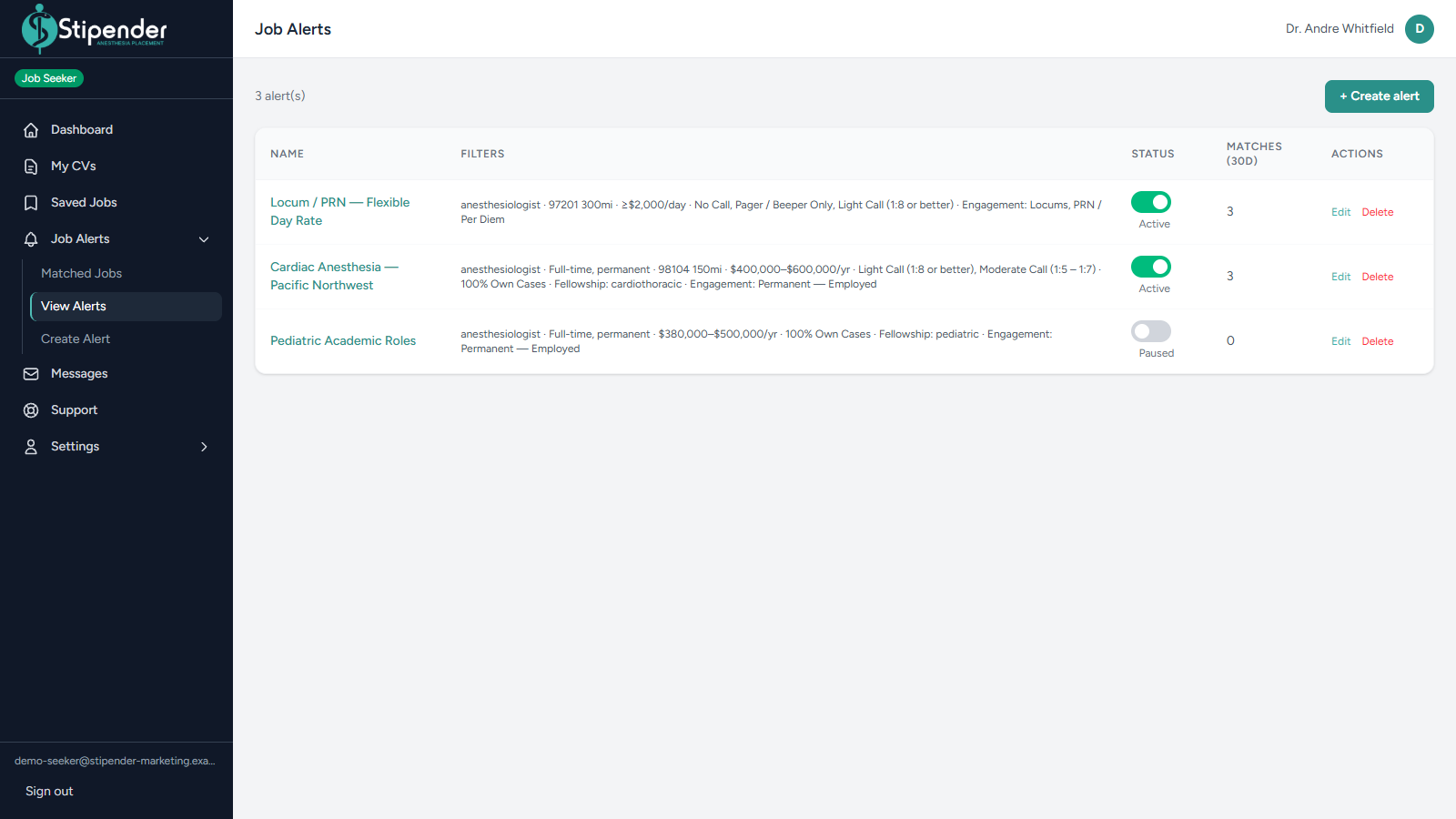 Stipender job alerts list showing saved search criteria and match counts