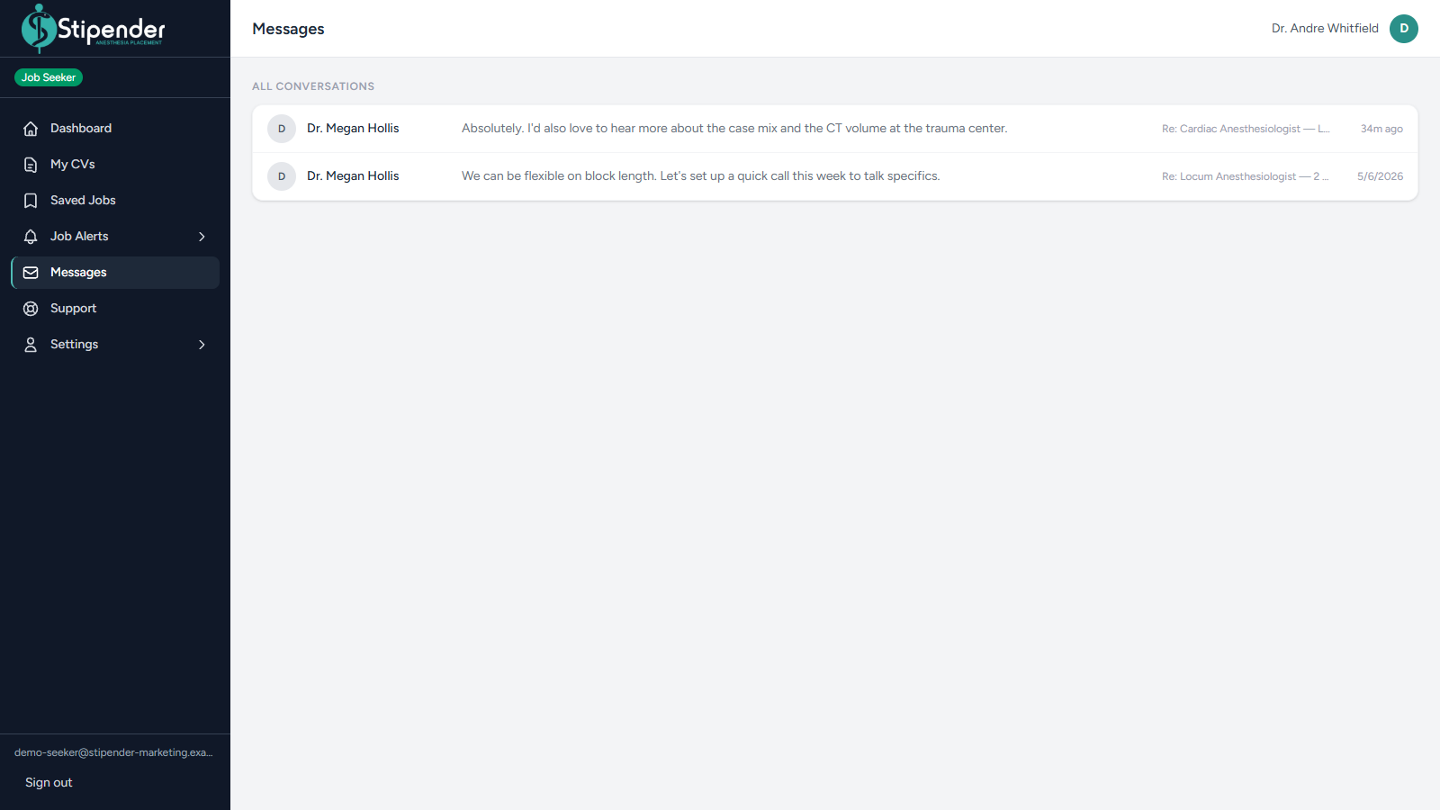 Stipender messages inbox showing conversations with an employer about anesthesia roles